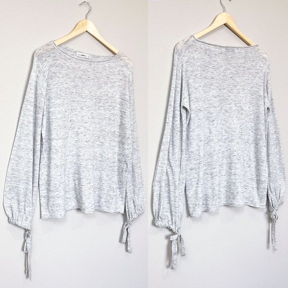 Zara Heather Gray Long Bow Tie Strap Cuff Balloon Sleeves Light Weight Sweater S - Picture 3 of 11